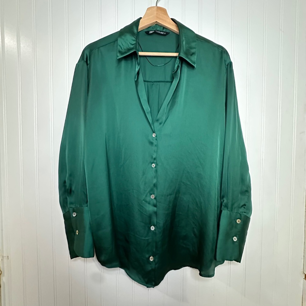 Zara Emerald Green Satin Button Down  Oversized Long Sleeve‎ Blouse Size L - Picture 2 of 8